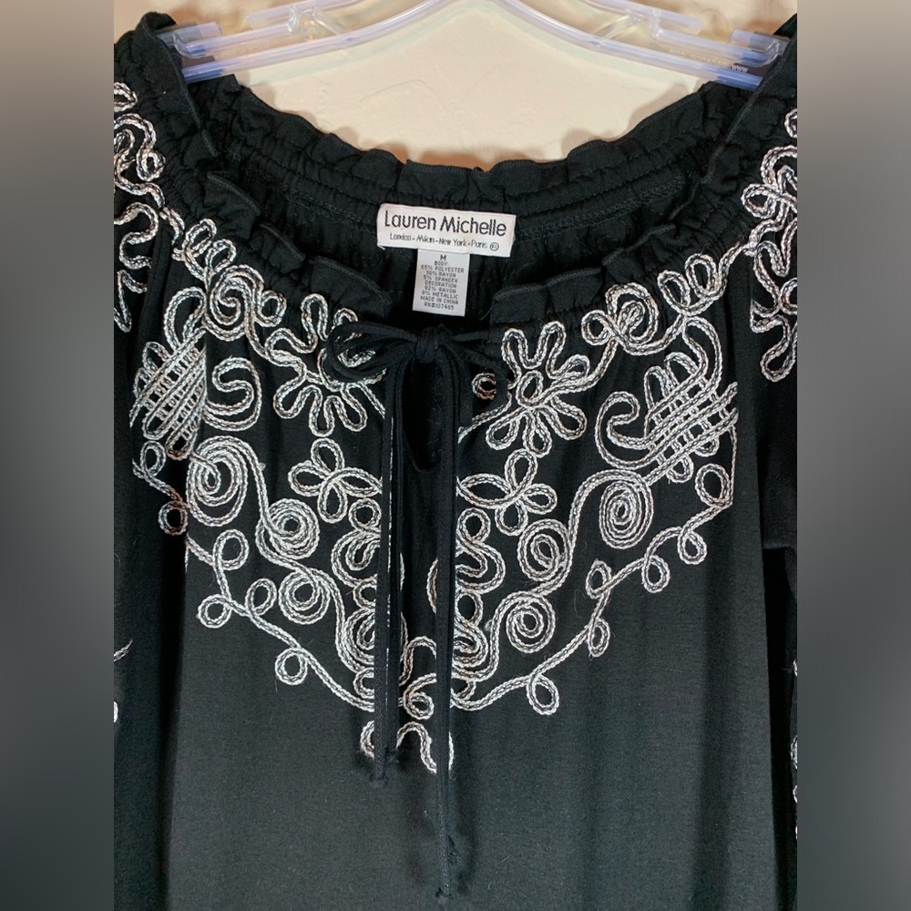 Lauren Michelle Black White Silver Stitched Embroidered Split 3/4 Sleeve M 0581‎ - Picture 2 of 7